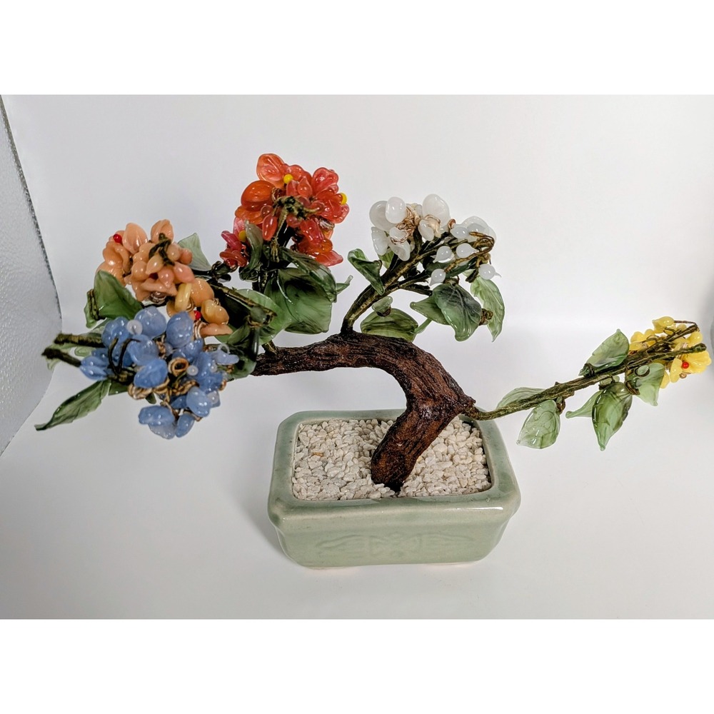 Vintage Chinese Jade Stone Glass Bonsai Mineral Tree Multi Color - Picture 3 of 11